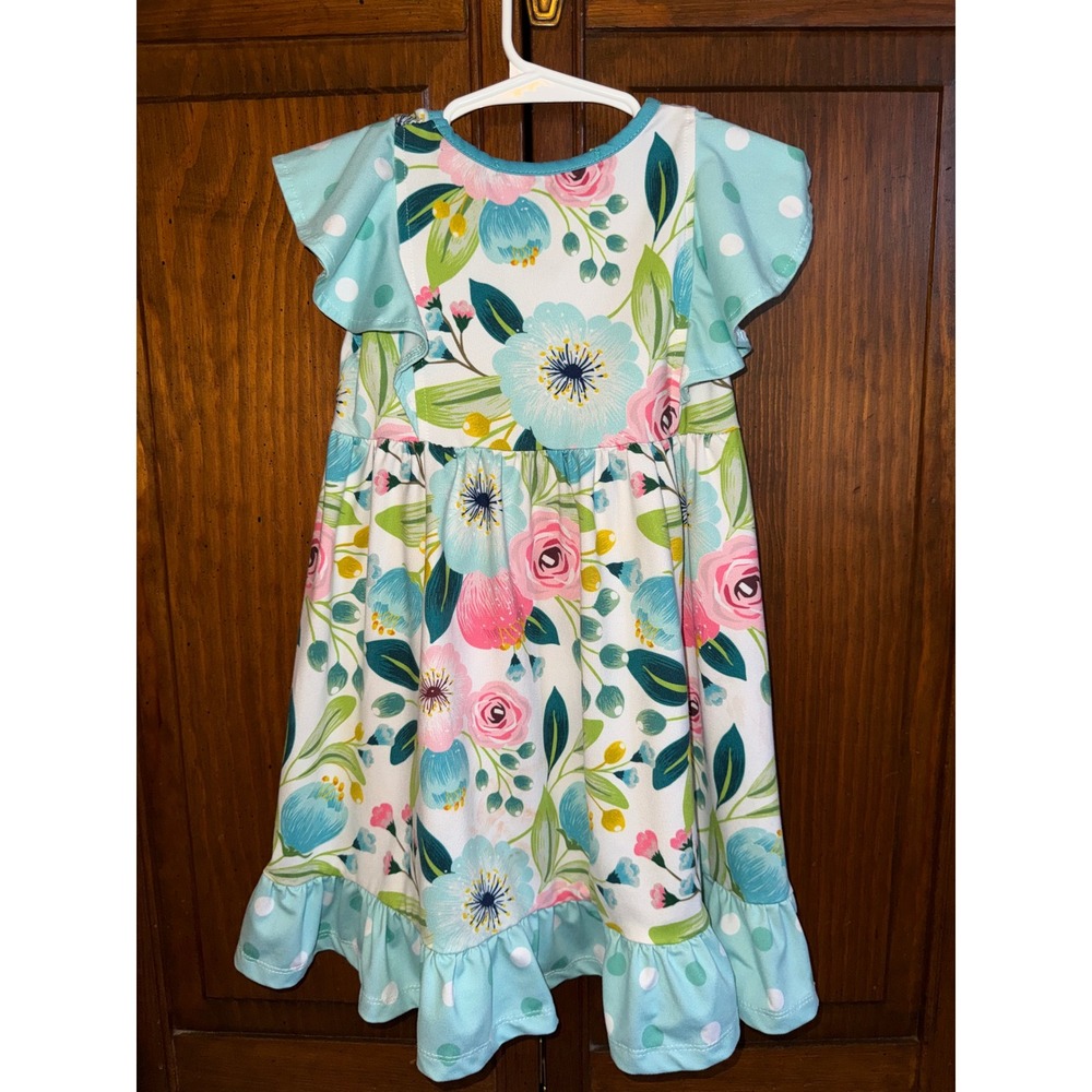 Millie Loves Lily Girls Floral Polka Dot Ruffle Dress Aqua Pink Blue Size 3